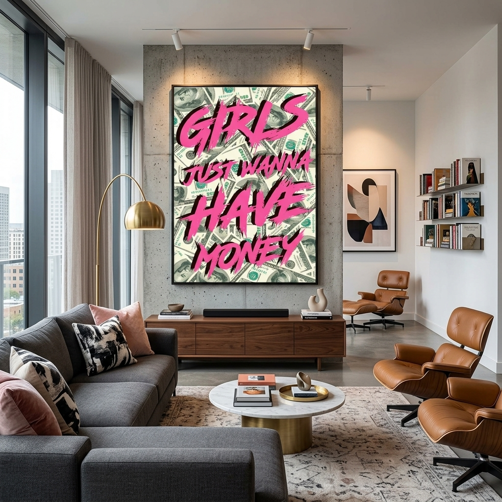 The inscription on the background of the dollars Motivational Canvas Wall Art Print