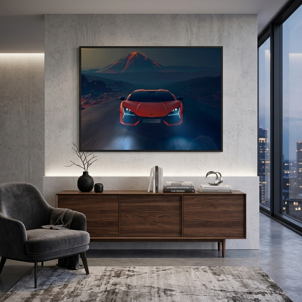 Car orange Lamborghini with a volcano in the background  Canvas Wall Art Print