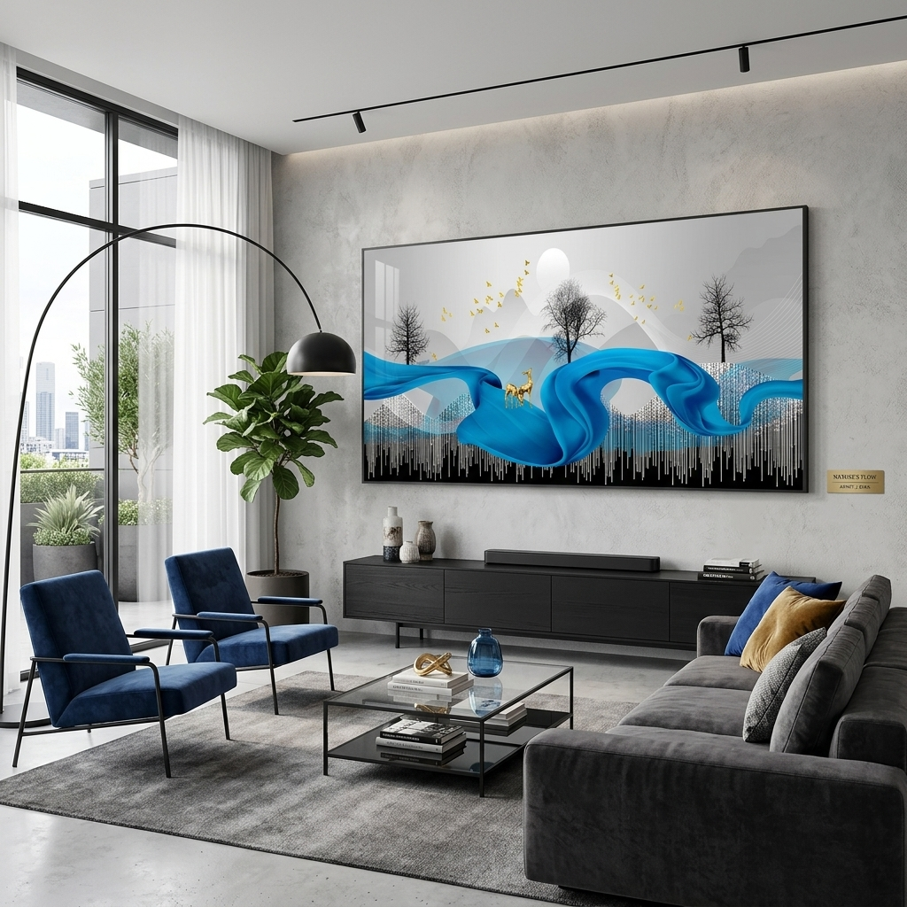 Two gold deer on a blue plume. Abstraction Canvas Wall Art Print