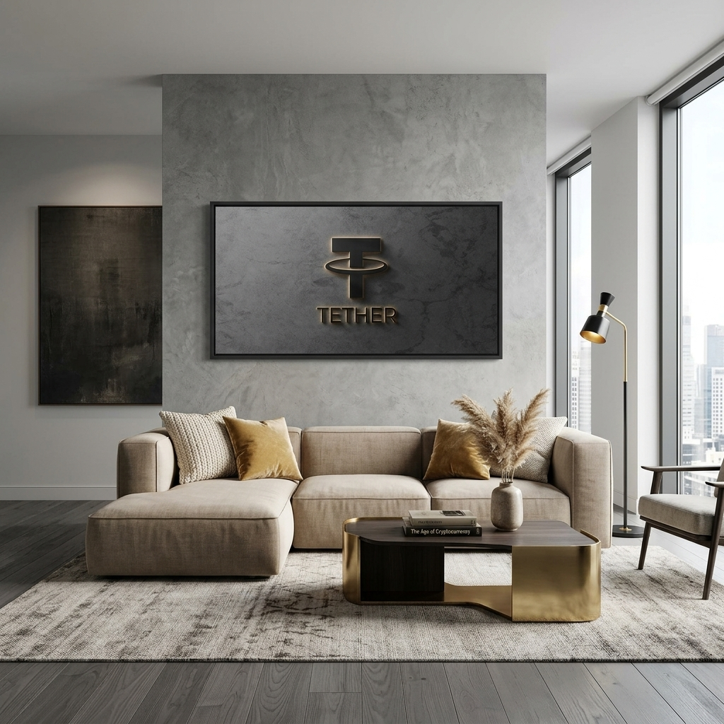 Tether USDT cryptocurrency logo on a gray background Inspirational Canvas Wall Art Print