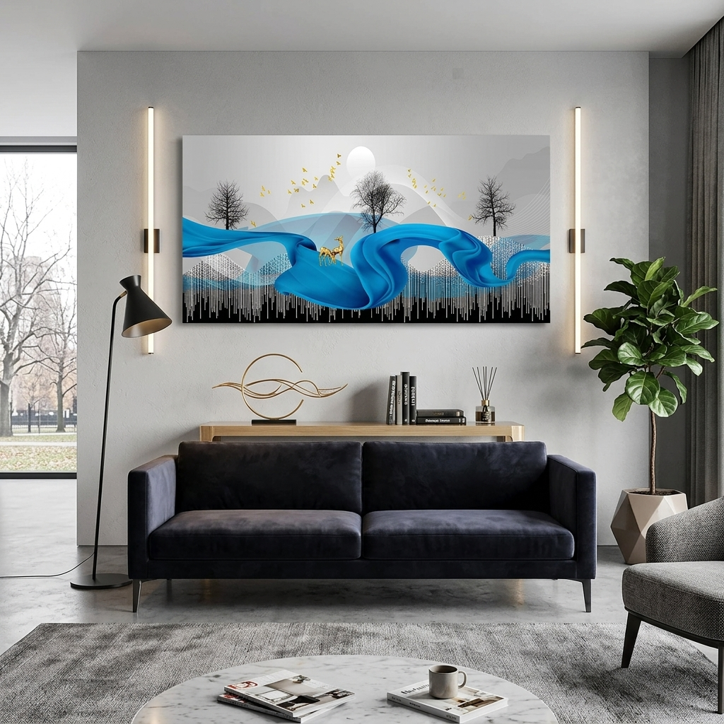 Two gold deer on a blue plume. Abstraction Canvas Wall Art Print