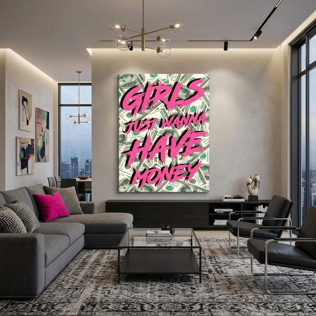 The inscription on the background of the dollars Motivational Canvas Wall Art Print