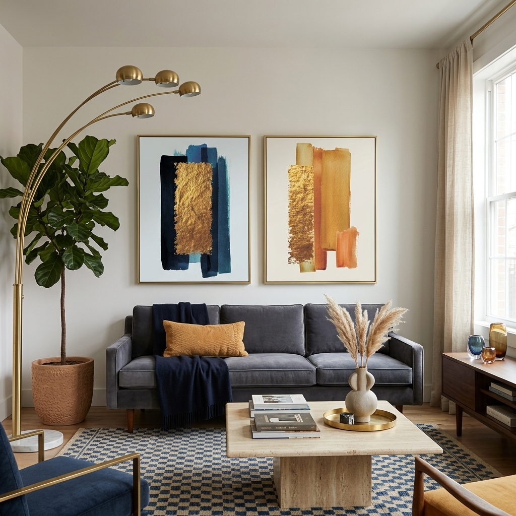 Modular gold and blue masks on a white background Multi Panel Canvas Wall Art Print