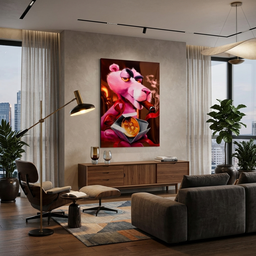 Pink panther and bitcoin Inspirational Canvas Wall Art Print