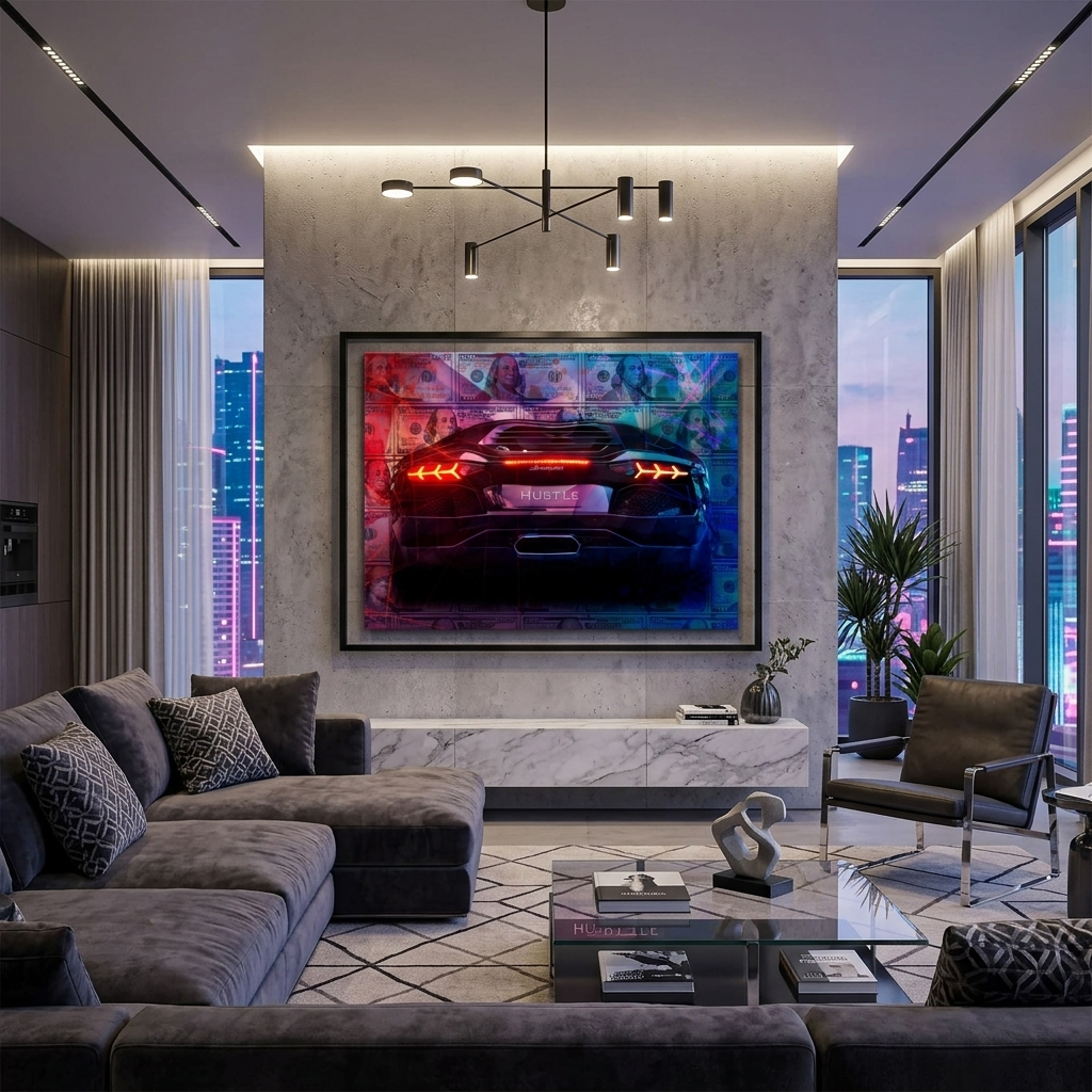 For motivation Dollars and Lamborghini Hustle Motivational  Canvas Wall Art Print
