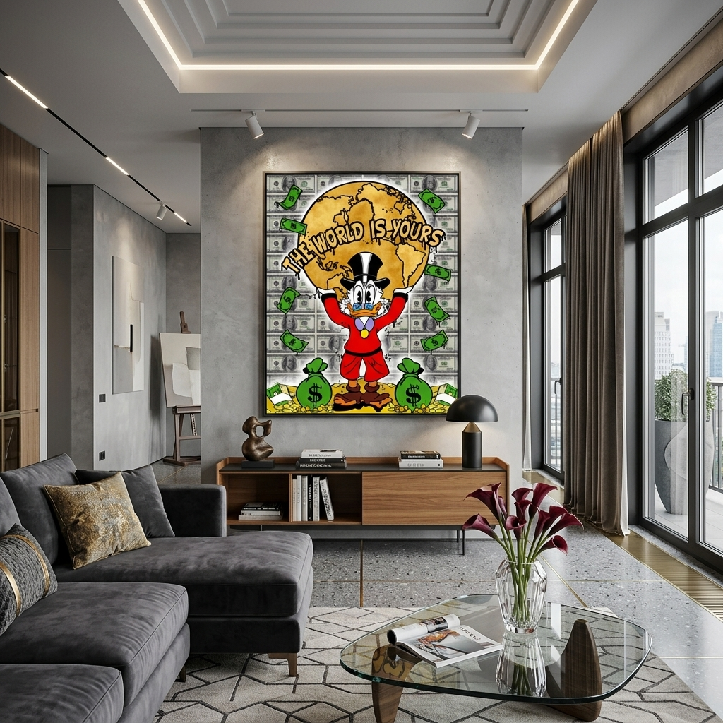 Scrooge is holding up the planet, standing on gold coins that say THE WORLD IS YOURS. Inspirational Canvas Wall Art Print