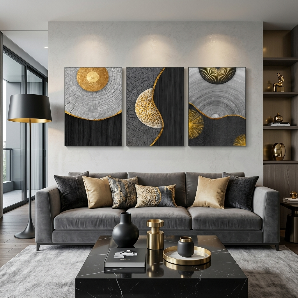 Modular of three-piece black and gray wood Multi Panel Canvas Wall Art Print