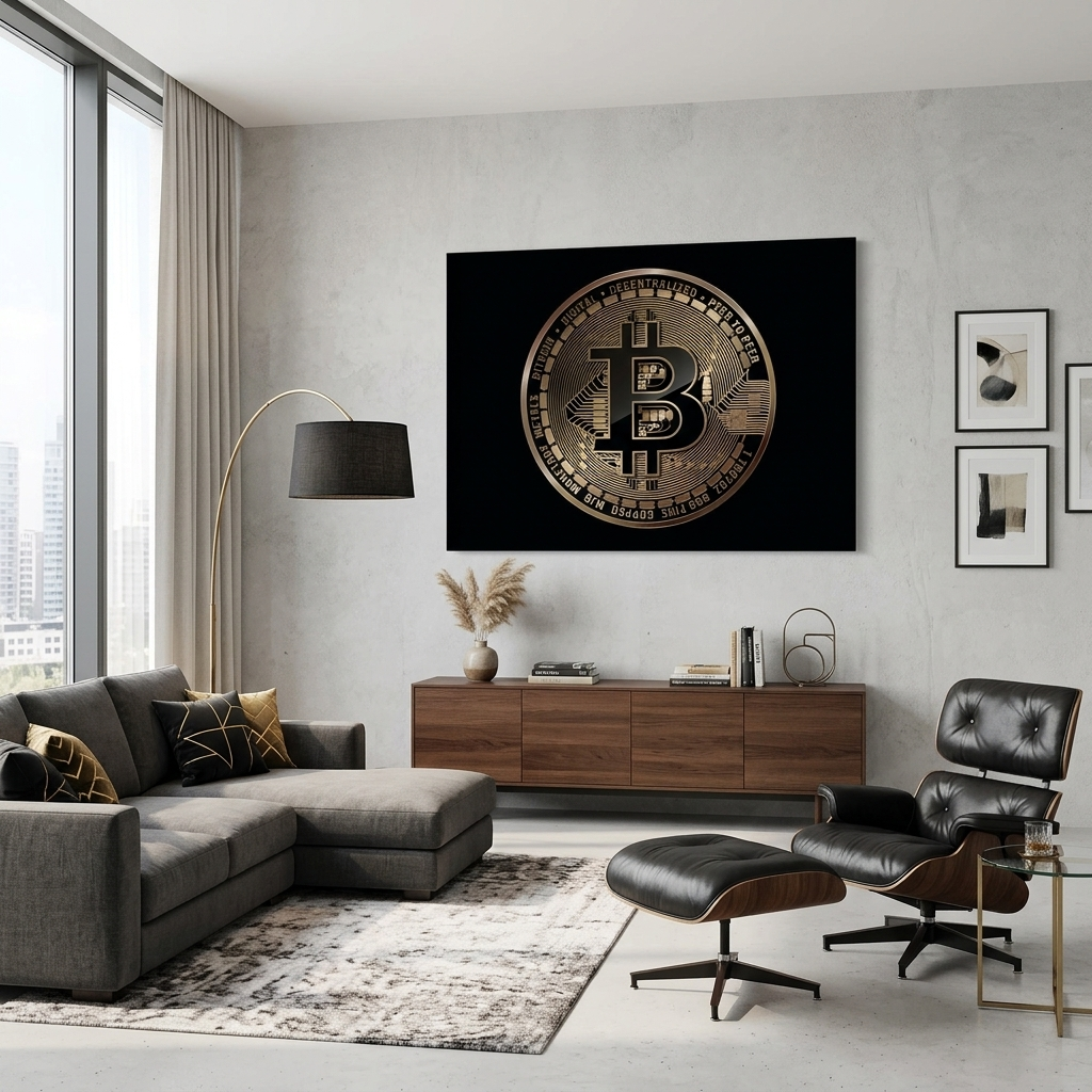 Bitcoin gold coin on a black background Inspirational Canvas Wall Art Print