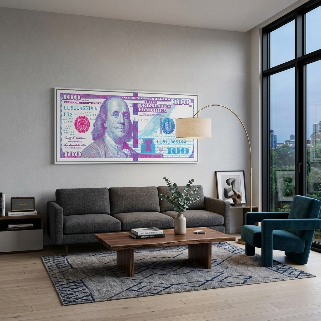 100 dollars white, purple and pink Inspirational Canvas Wall Art Print