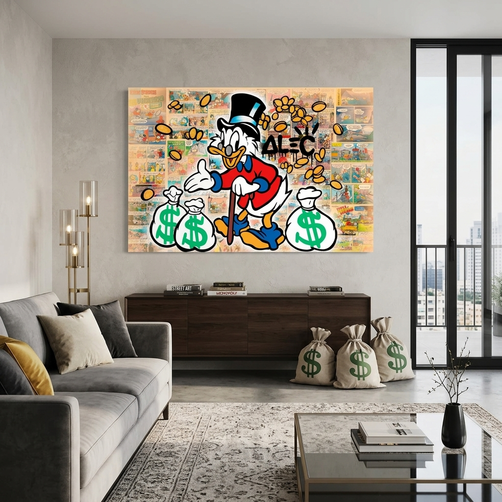 Scrooge with three white bags of gold in a comic book background Inspirational Canvas Wall Art Print