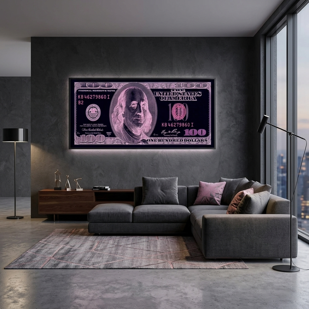 100 dollars black and purple Inspirational Canvas Wall Art Print