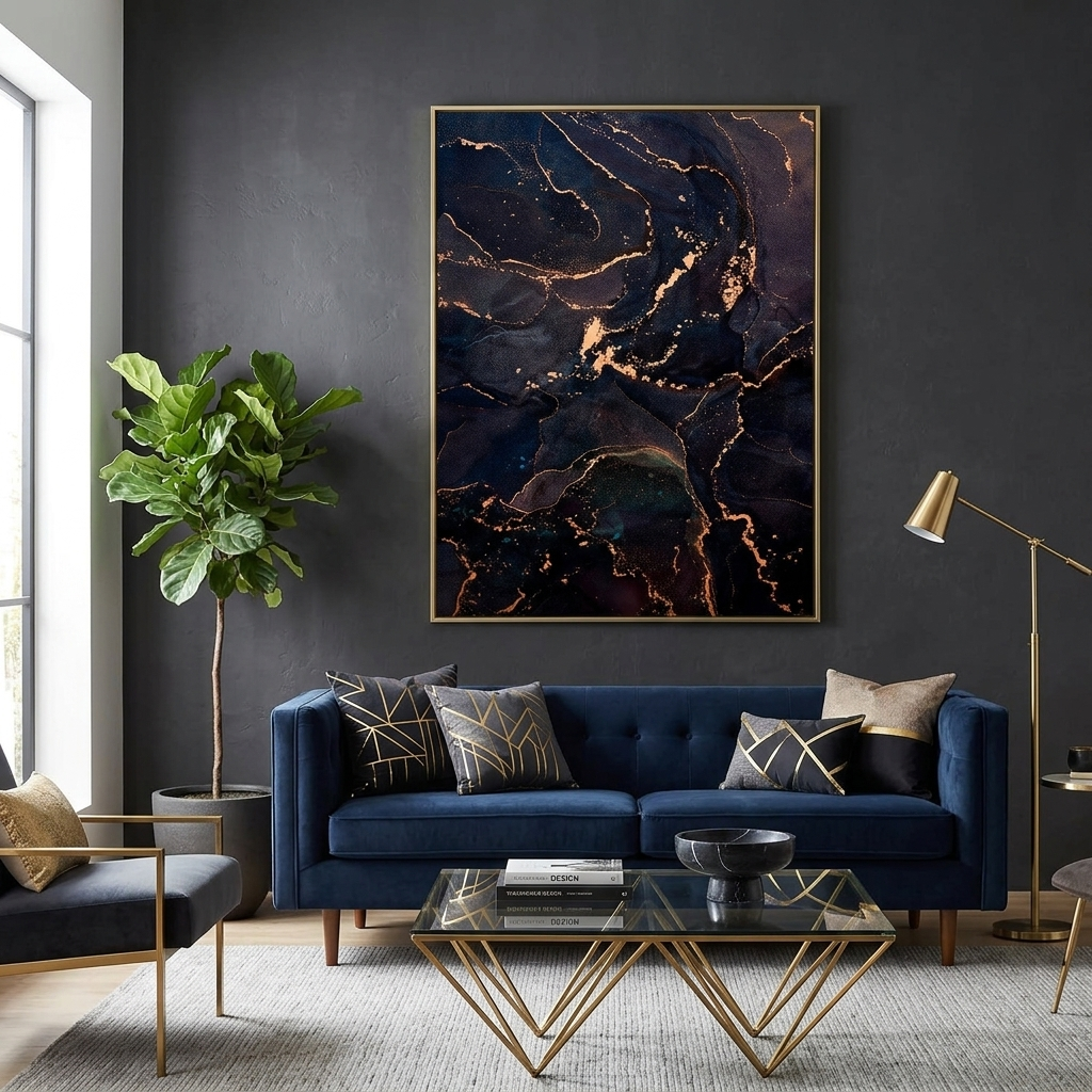 Dark blue and gold Abstraction Canvas Wall Art Print