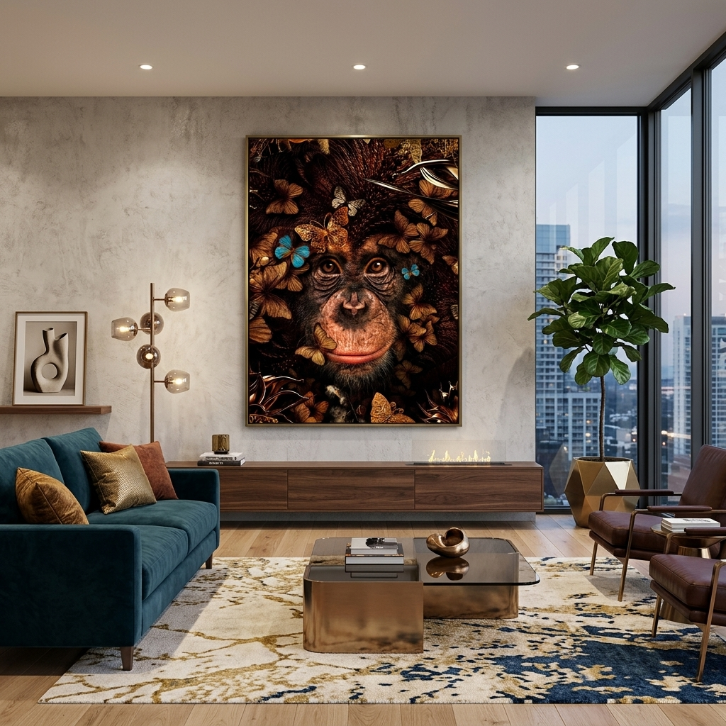 Interior Monkey and brown butterflies Canvas Wall Art Print
