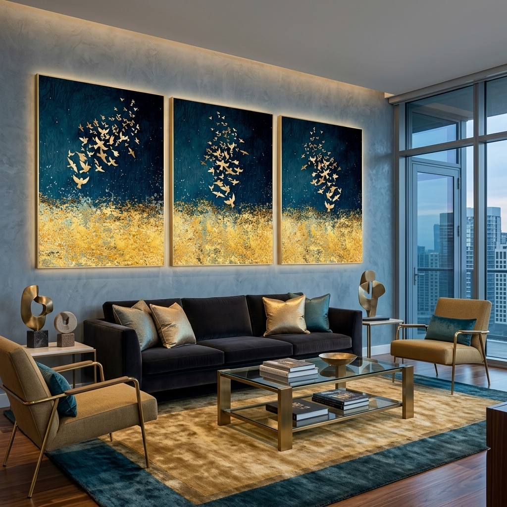 Modular abstraction in shades of gold and blue Multi Panel Canvas Wall Art Print