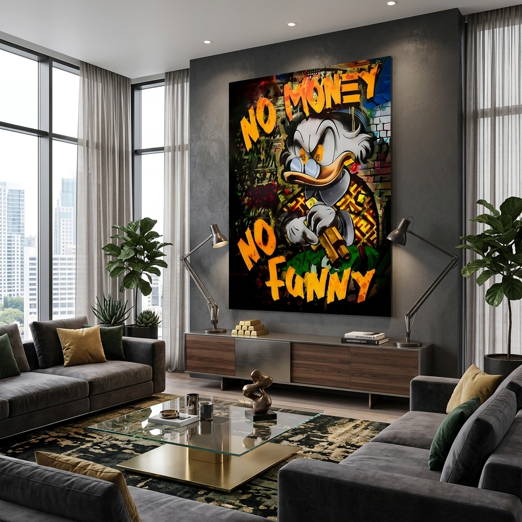 Scrooge with a gun in gold colors Inspirational Canvas Wall Art Print