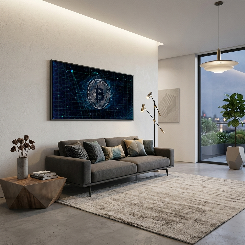 Bitcoin in silver color on dark blue background Inspirational Canvas Wall Art Print