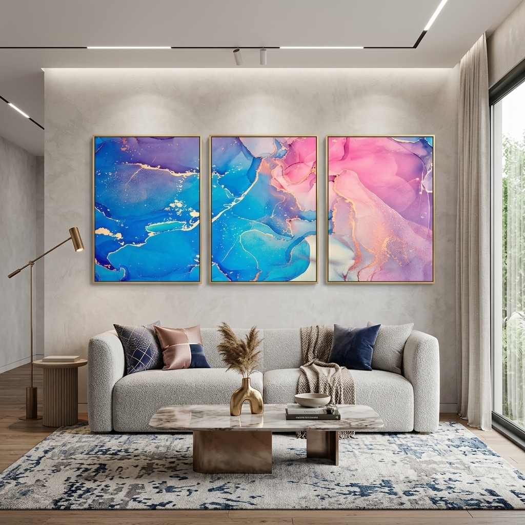 Modular blue and pink abstract Multi Panel Canvas Wall Art Print