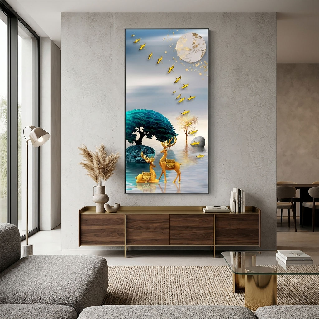 Two golden deer in a river with a blue-green tree Abstraction Canvas Wall Art Print