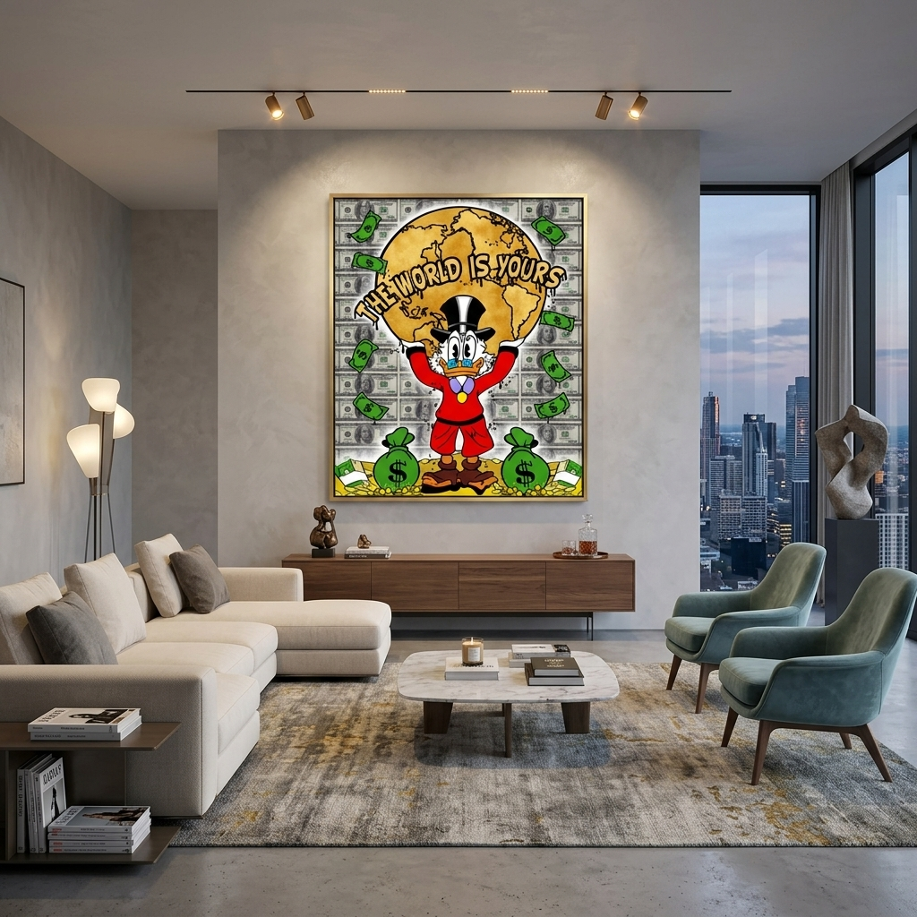 Scrooge is holding up the planet, standing on gold coins that say THE WORLD IS YOURS. Inspirational Canvas Wall Art Print
