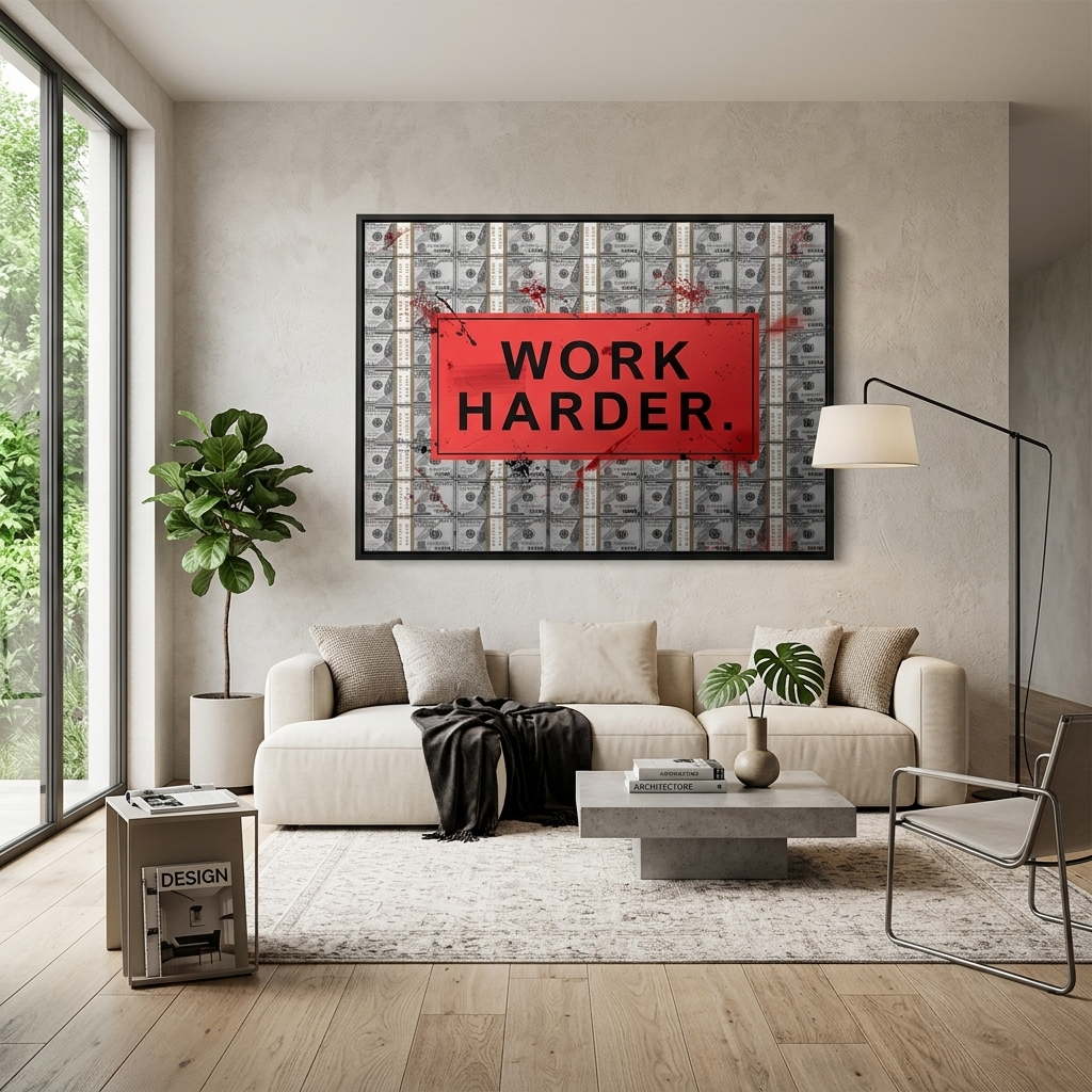 WORK HARDER against the backdrop of dollars.Motivational Canvas Wall Art Print