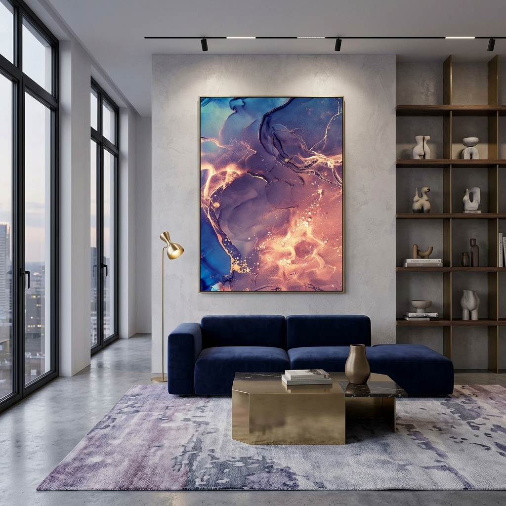 Violet-powder with blue and gold tones Abstraction Canvas Wall Art Print
