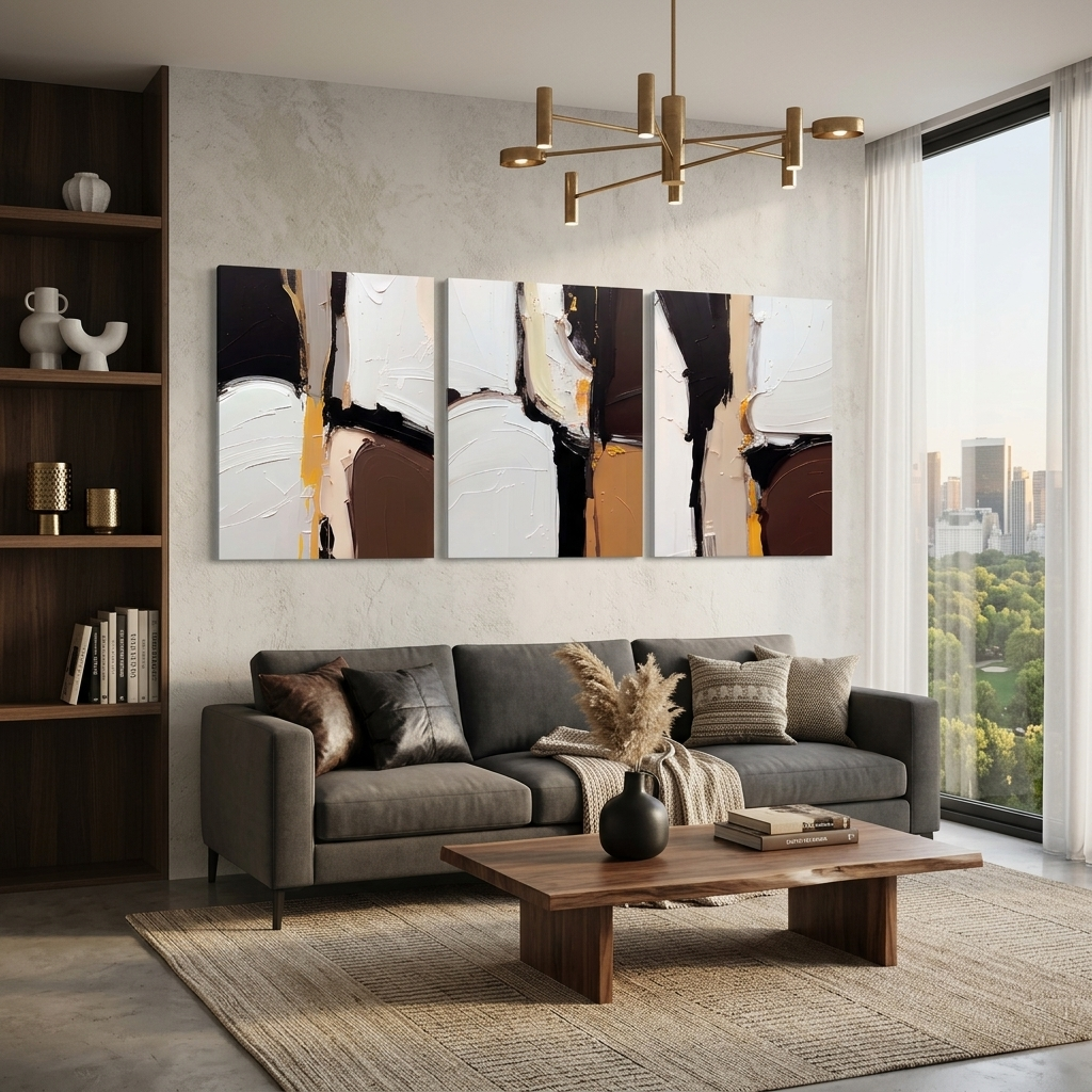Modular abstraction in white black and brown Multi Panel Canvas Wall Art Print