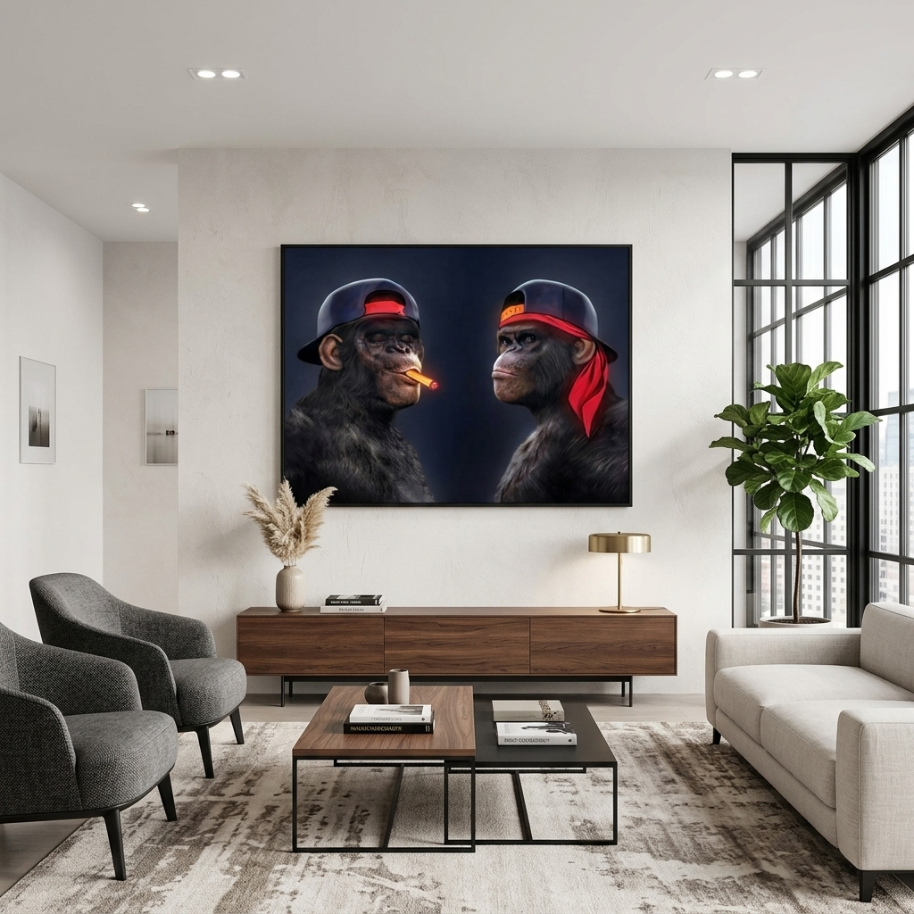 Two black gorillas with caps and one cigar Canvas Wall Art Print