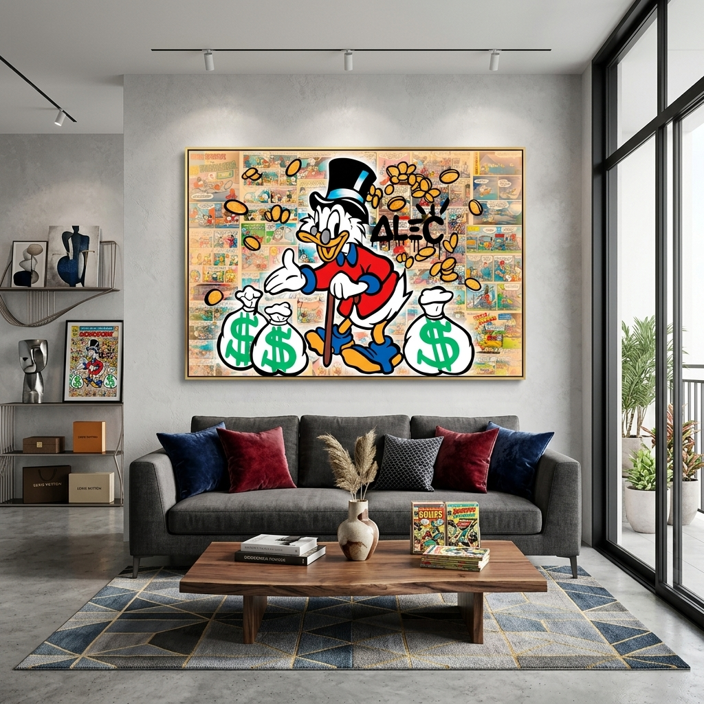 Scrooge with three white bags of gold in a comic book background Inspirational Canvas Wall Art Print