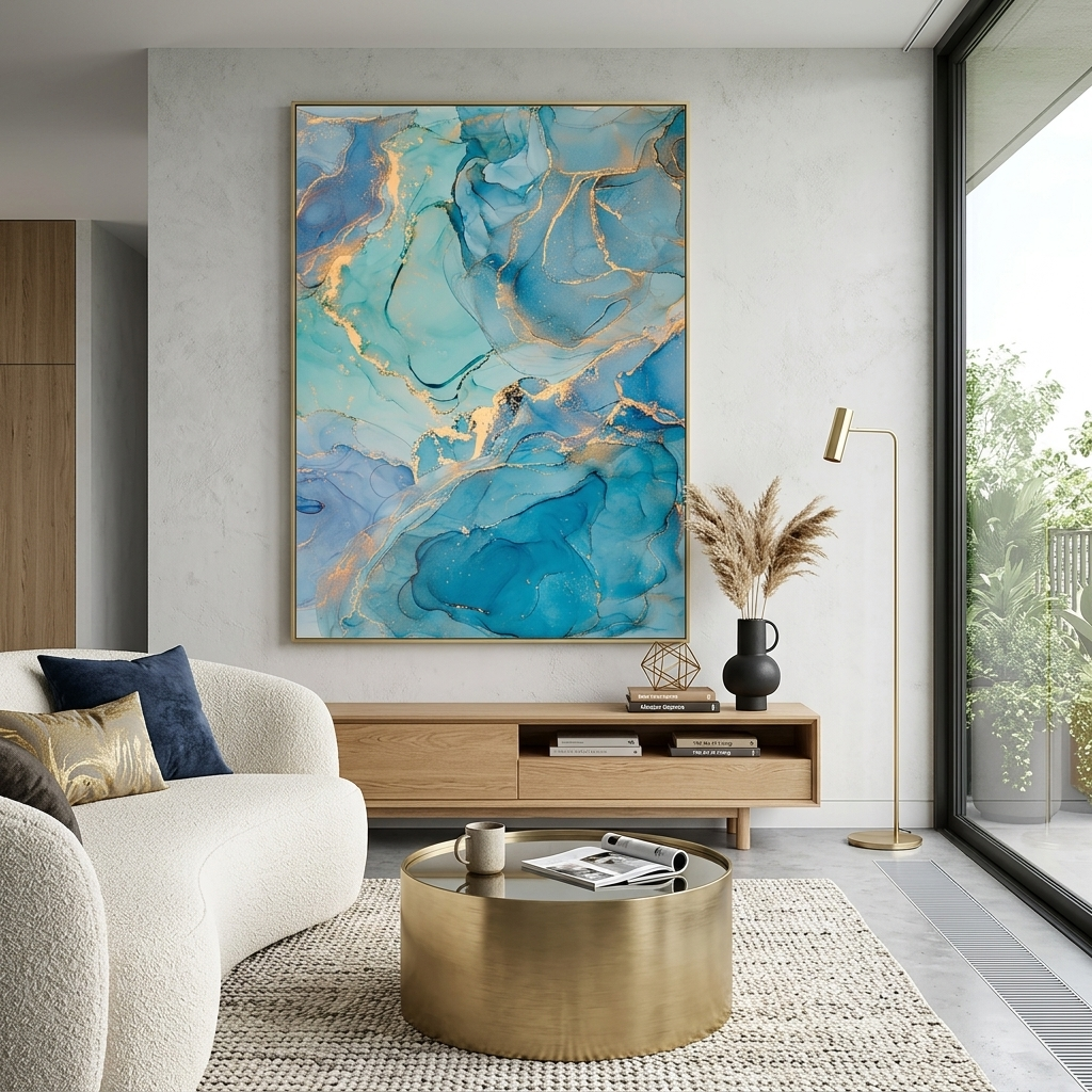 Turquoise abstract with gold elements Abstraction Canvas Wall Art Print