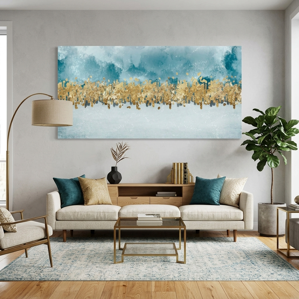 With gold and blue color Abstraction Canvas Wall Art Print