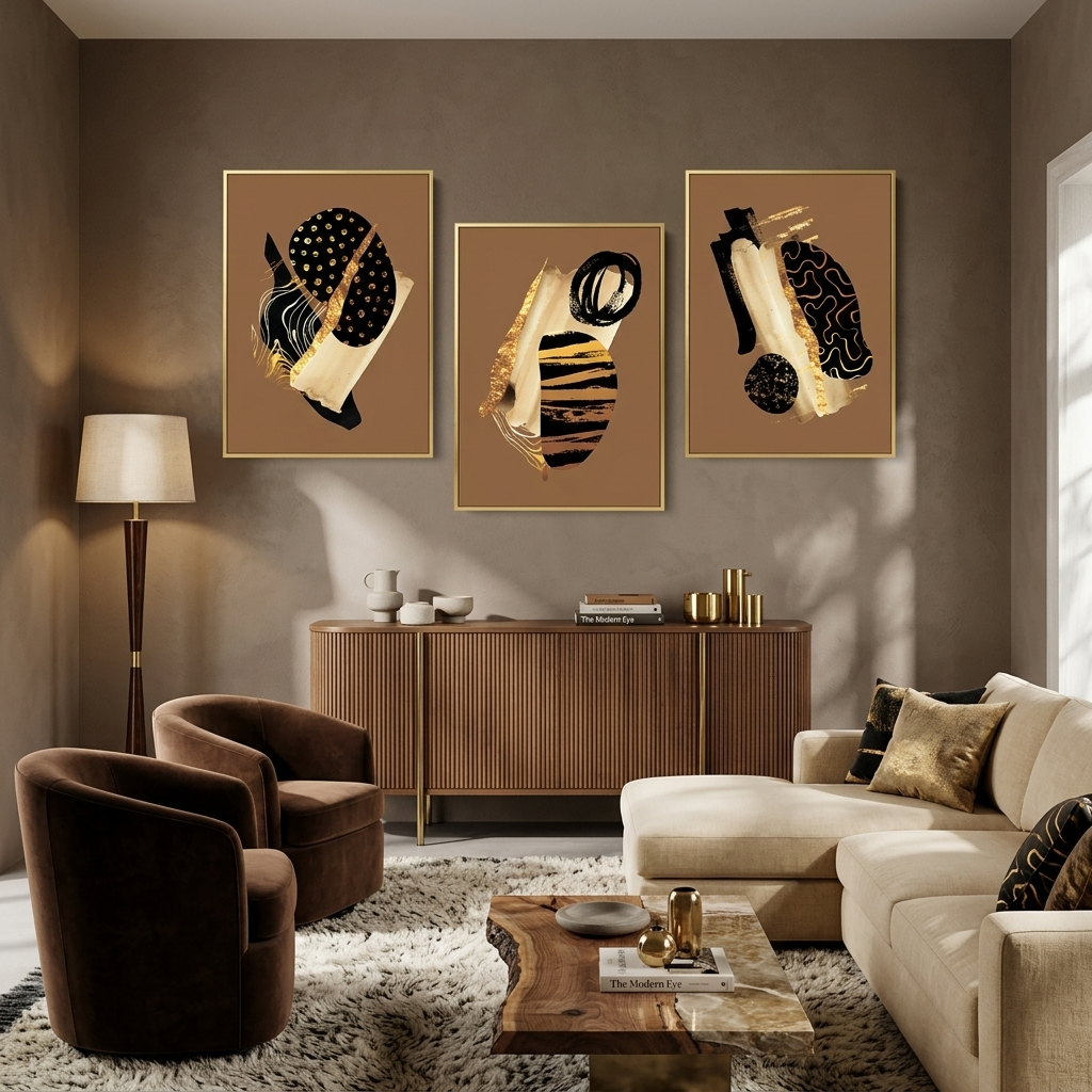 Modular abstract in gold black and beige colors Multi Panel Canvas Wall Art Print