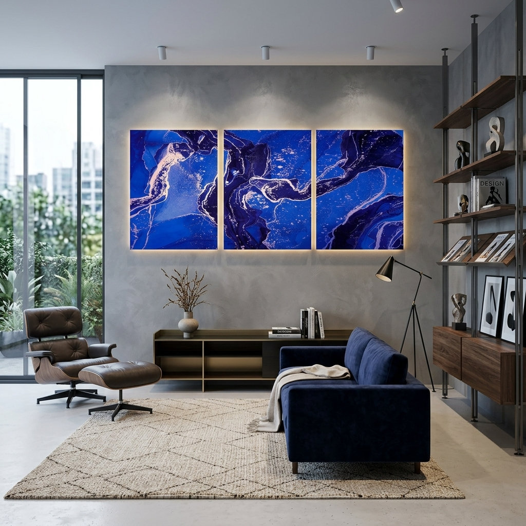Modular navy blue abstract Multi Panel Canvas Wall Art Print