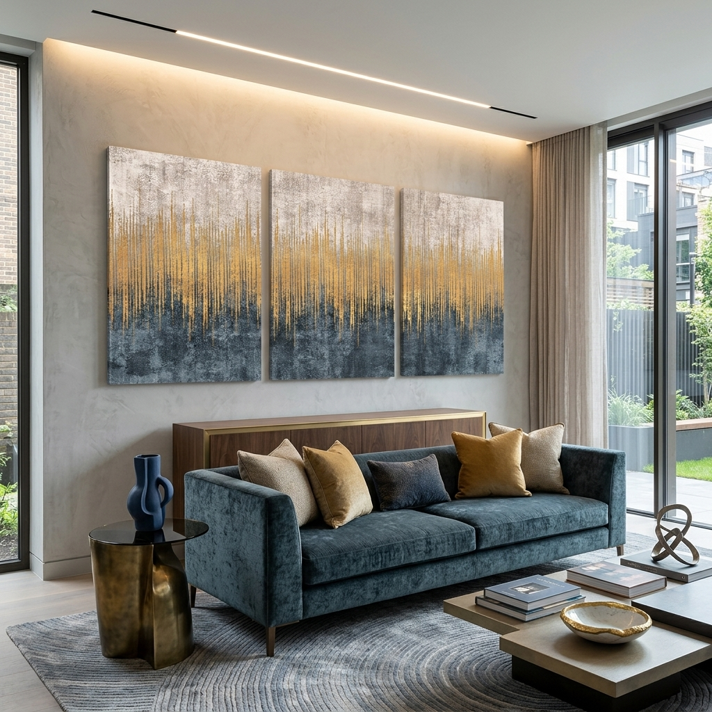 Modular abstract beige and gray with gold Multi Panel Canvas Wall Art Print