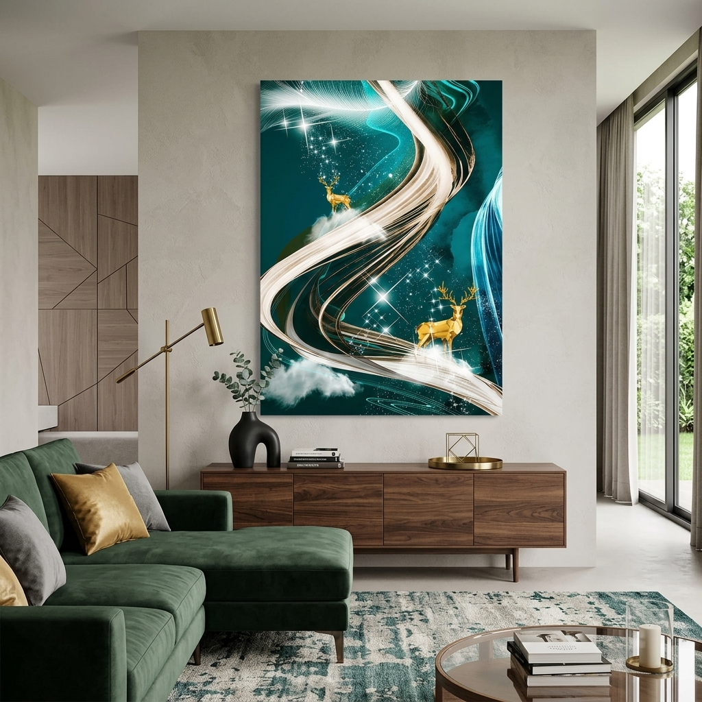 Two golden deer against a green background Abstraction Canvas Wall Art Print
