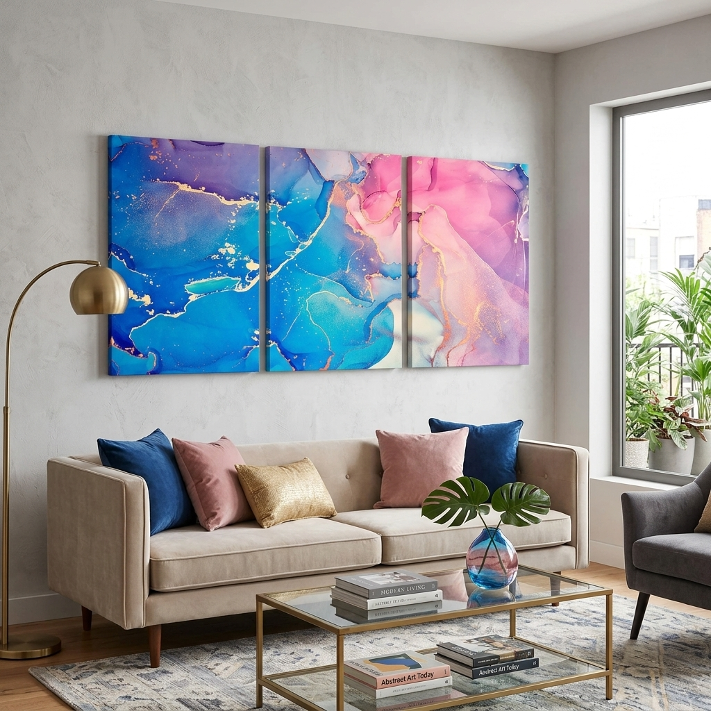 Modular blue and pink abstract Multi Panel Canvas Wall Art Print