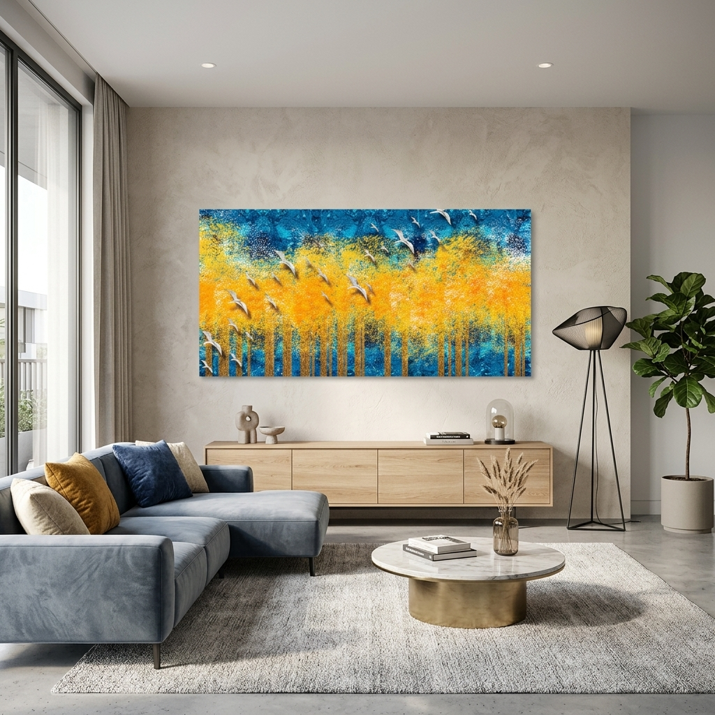 Yellow trees on a blue background with white birds Canvas Wall Art Print