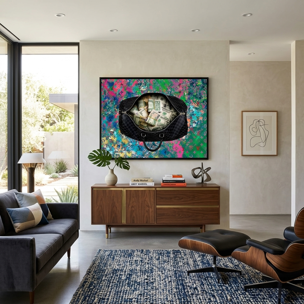 A black bag with money in the background of graffiti Inspirational Canvas Wall Art Print