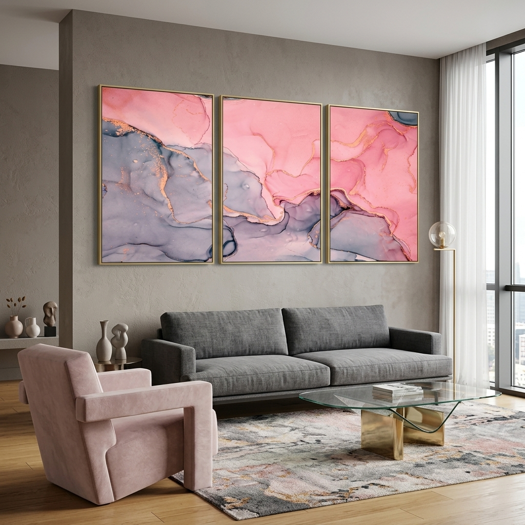 Modular abstract gray and pink Multi Panel Canvas Wall Art Print