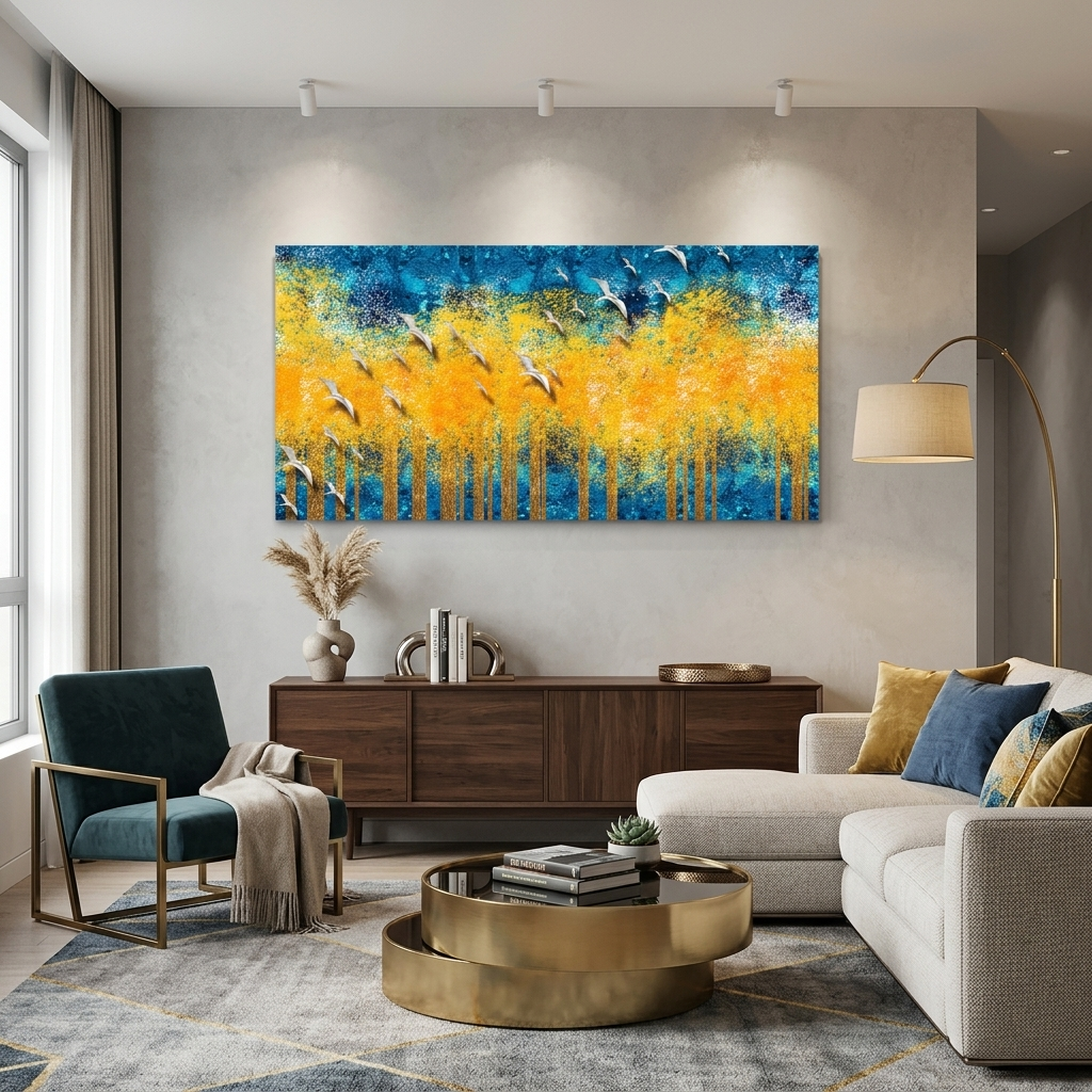 Yellow trees on a blue background with white birds Canvas Wall Art Print