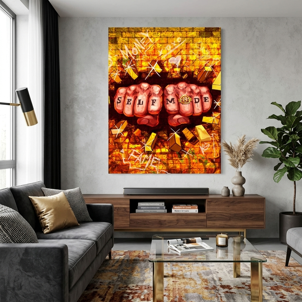 Two fists and a golden wall Motivational Canvas Wall Art Print