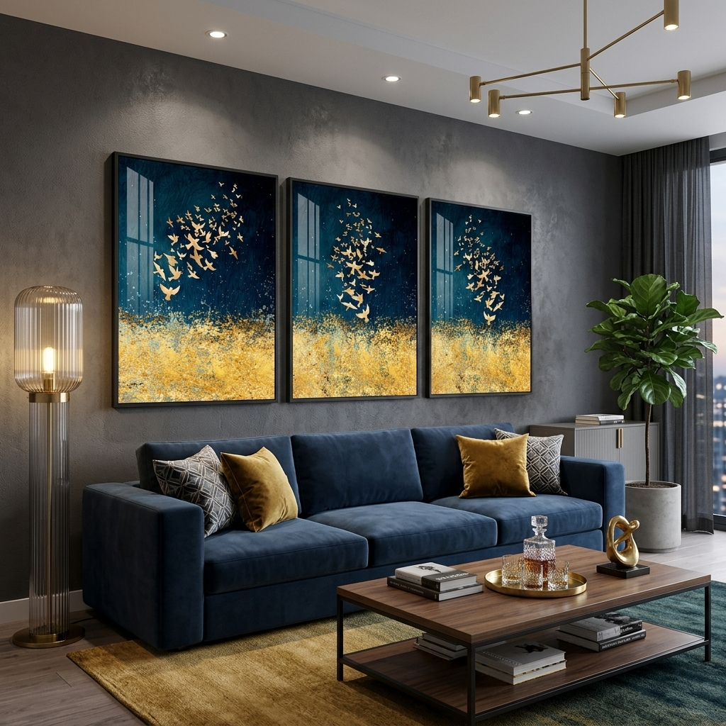 Modular abstraction in shades of gold and blue Multi Panel Canvas Wall Art Print