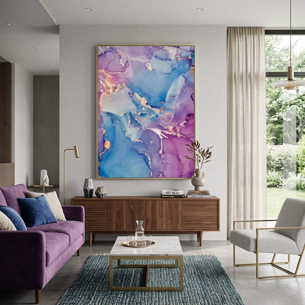 Gently purple abstract with blue color and gold lines Abstraction Canvas Wall Art Print