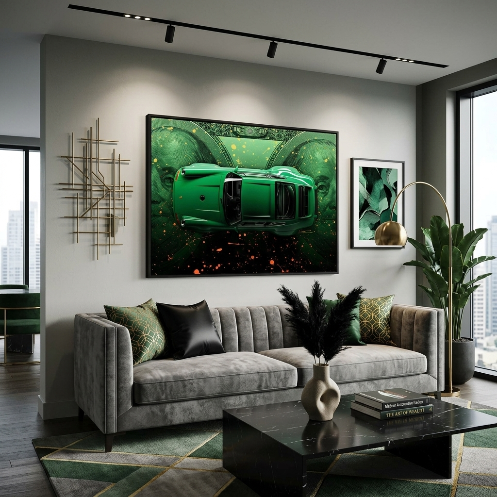 A Green Porsche against the backdrop of dollars Canvas Wall Art Print