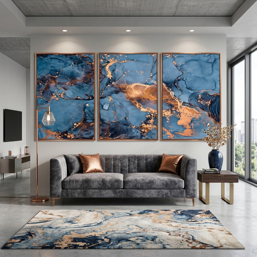 Modular blue and gold abstract Multi Panel Canvas Wall Art Print