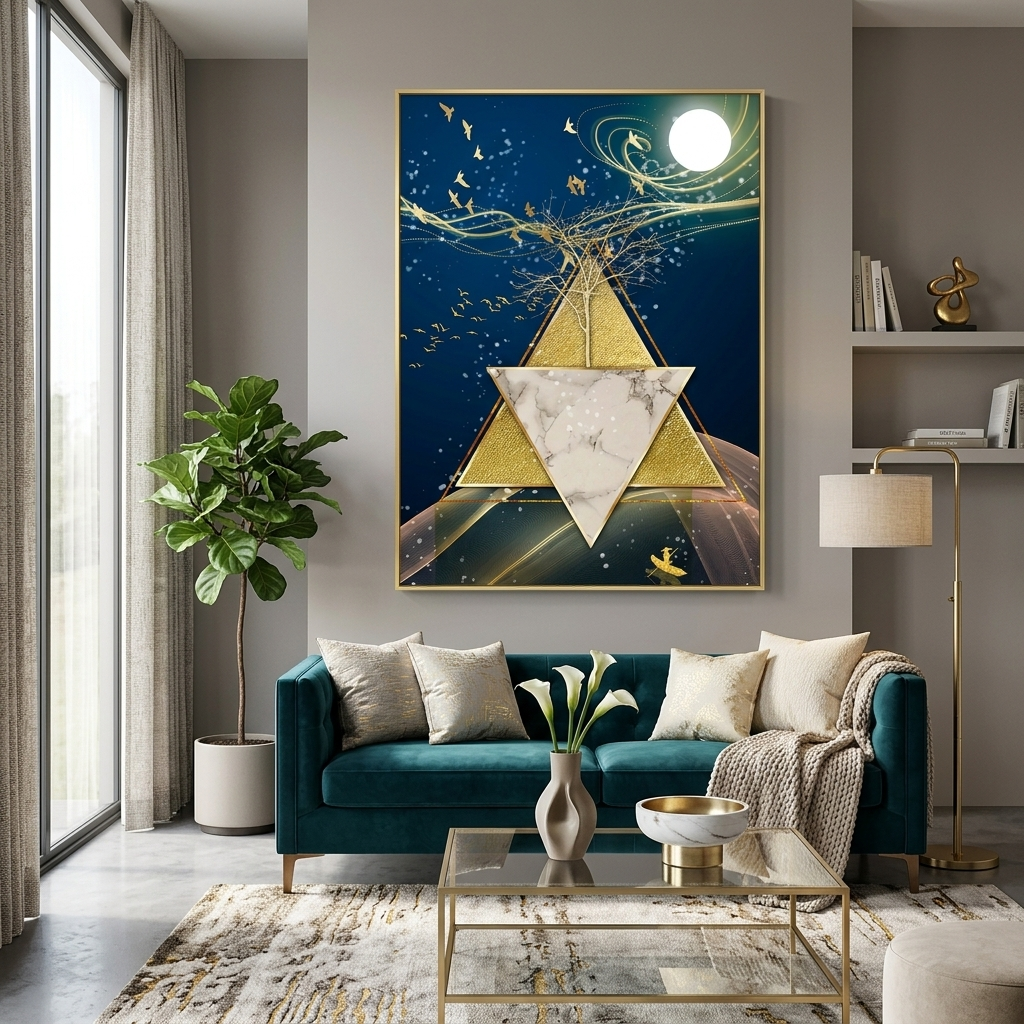 Geometric abstraction in blue gold and white colors Abstraction Canvas Wall Art Print