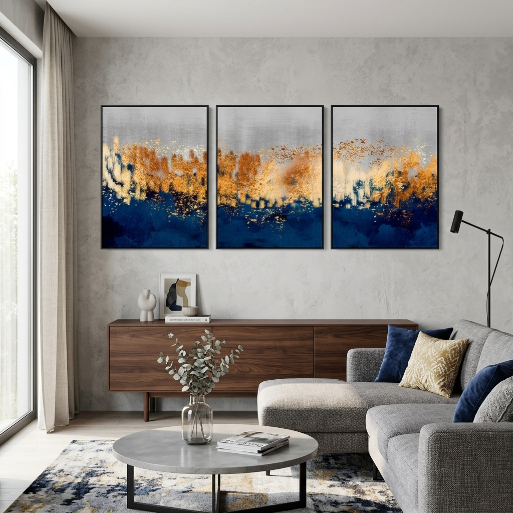 Modular gray-gold abstract with blue elements Multi Panel Canvas Wall Art Print