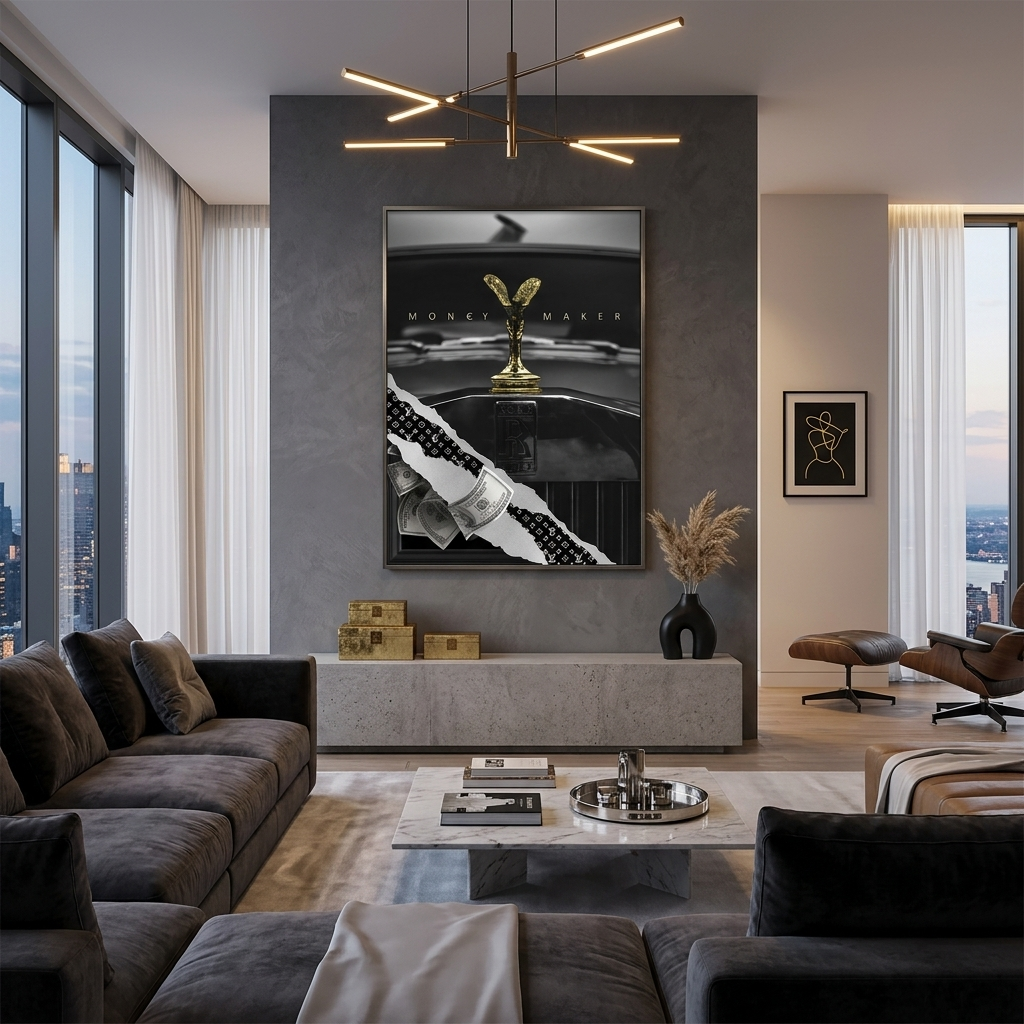 Money Maker with gray dollars Motivational Canvas Wall Art Print