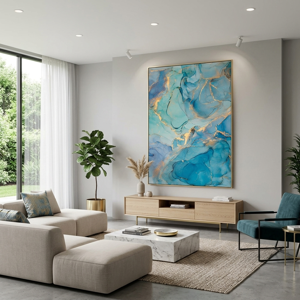 Turquoise abstract with gold elements Abstraction Canvas Wall Art Print