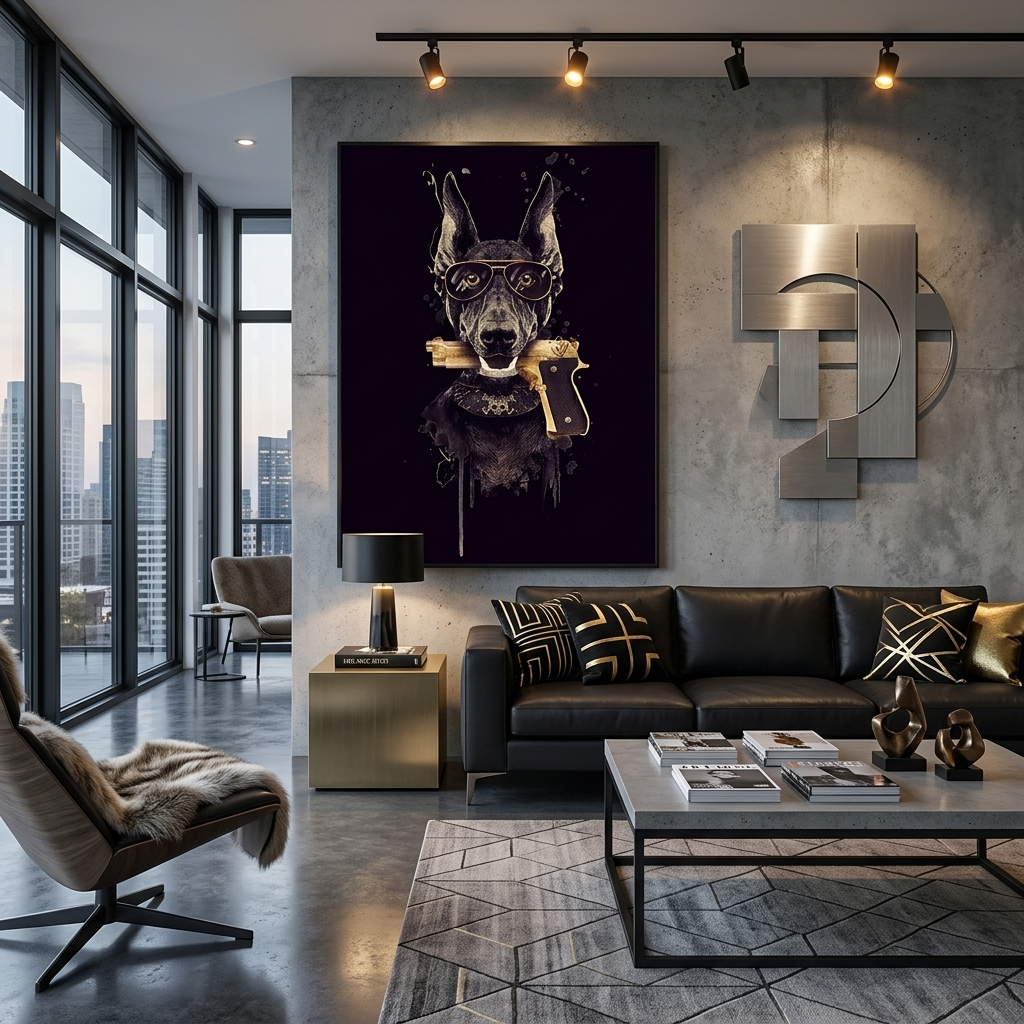 Doberman with a gun in his teeth. Canvas Wall Art Print