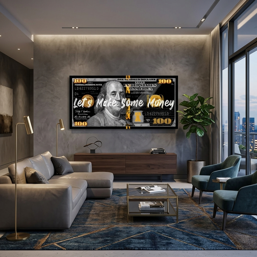 100 dolars black gold Let's make money Inspirational  Canvas Wall Art Print